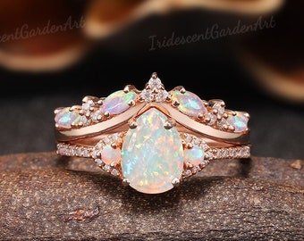 Oval Opal Engagement Ring Art Deco Opal Wedding Ring Set Vintage Half Eternity Opal Promise Rings For Women Rainbow Opal Curved Wedding Band