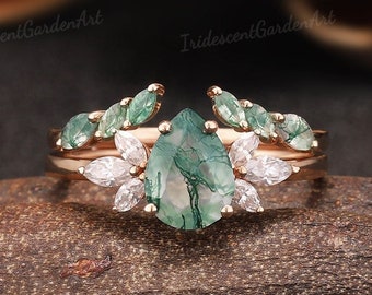 Natural Green Moss Agate Engagement Ring Set Gold Moissanite Wings Wedding Ring Moss Agate Bridal Jewelry Set Anniversary Gift for Her