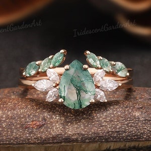 Natural Green Moss Agate Engagement Ring Set Gold Moissanite Wings Wedding Ring Moss Agate Bridal Jewelry Set Anniversary Gift for Her