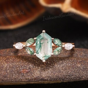 Unique Elongated Hexagon Moss Agate Engagement Rings Rose Gold Art Deco Moissanite Wedding Ring Handmake Custom Jewelry Rings For Women