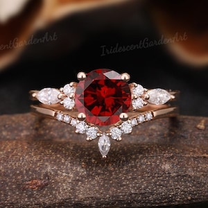 Unique round cut garnet engagement ring set rose gold red gemstone bridal ring marquise moissanite stacking band moissanite cluster ring