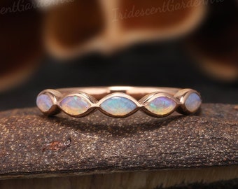 Marquise Opal Wedding Band, Rose Gold Art Deco Stacking Ring