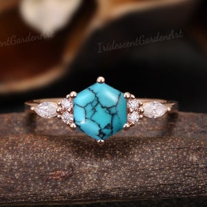 Anillo de compromiso turquesa en forma de hexágono anillo de boda de piedra preciosa verde oro rosa redondo moissanita racimo anillo nupcial regalo de cumpleaños para las mujeres