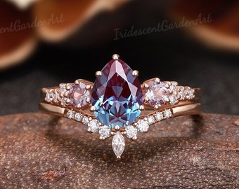 Vintage Alexandrite Engagement Ring Set Unique Moissanite Wedding Rings For Women Curved Wedding Band Color Changing June Birthstone Ring