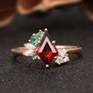Unique Kite Garnet Engagement Ring Red Gemstone Wedding Ring Green Emerald Moissanite Cluster Ring  Birthstone Ring Christmas Gift for Her