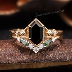 Vintage Black Onyx Engagement Ring Set Hexagon Black Bezel Wedding Ring Set Moss Agate Wedding Band Unique Anniversary Gift For Women Custom