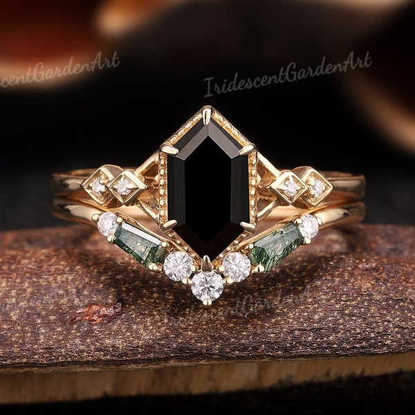 Vintage negro ónix anillo de compromiso conjunto hexágono negro bisel anillo de boda conjunto musgo ágata boda banda regalo de aniversario único para las mujeres personalizado