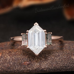 Unique Elongated Hexagon Moissanite Engagement Rings Art Deco Baguette Moss Agate Cluster Wedding Ring Rose Gold Promise Rings For Women