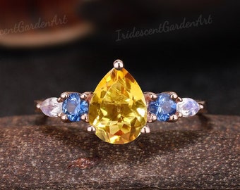 Unique Pear Citrine Engagement Rings Vintage Rose Gold Yellow Gemstone Wedding Ring Blue Sapphire Moonstone Cluster Bridal Rings For Women