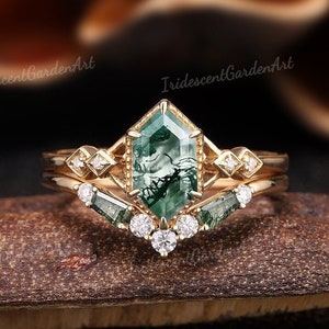 Längliche Hexagon Moosachat Verlobungsring Set Lünette Ehering Set Grüner Moosachat Baguette Jubiläum Geschenk für Sie