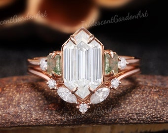 Hexagon Moissanite Engagement Ring Set Baguette Moss Agate Ring Bezel Gold Rings for Women Handmade Jewelry Bridal Set Anniversary Gift