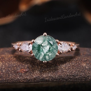 Unique Moss Agate Engagement Rings Natural Round Cut Green Moss Agate Wedding Ring Vintage Rose Gold Moissanite Bridal Rings For Women