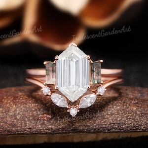 Elongated Hexagon Moissanite Engagement Ring Baguette Green Moss Agate Wedding Ring Set Curved Wedding Band Rose Gold Custom Rings For Women