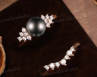 Unique Tahitian Black Pearl Engagement Ring Set Solid Gold Moissanite Cluster Wedding Ring Set Pearl Wedding Bands Women Best Gifts for Her
