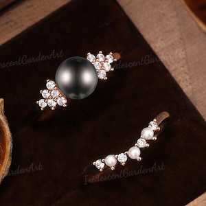 Unique Tahitian Black Pearl Engagement Ring Set Solid Gold Moissanite Cluster Wedding Ring Set Pearl Wedding Bands Women Best Gifts for Her
