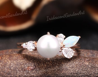 Antique Akoya Pearl Engagement Ring Dainty Solid Gold Opal Moissanite Cluster Wedding Rings for Women Promise Anniversary Mothers Pearl Ring
