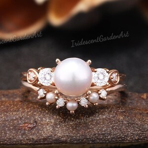 Akoya Pearl Engagement Rings Art Deco Moissanite Wedding Ring Set Antique Pearl Curved Wedding Band Gold Rings For Women Anniversary Ring