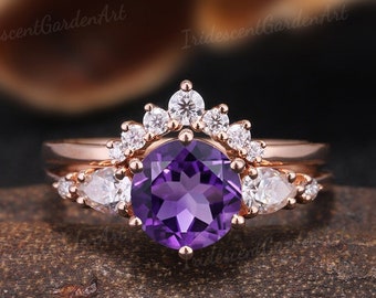 Anillo de compromiso de amatista único conjunto de oro rosa redondo anillo de cristal púrpura curvo moissanita alianza de boda mujeres febrero anillo de piedra de nacimiento regalo