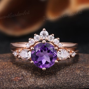 Unique Amethyst Engagement Ring Set Rose Gold Round Purple Crystal Ring Curved Moissanite Wedding Band Women February Birthstone Ring Gift
