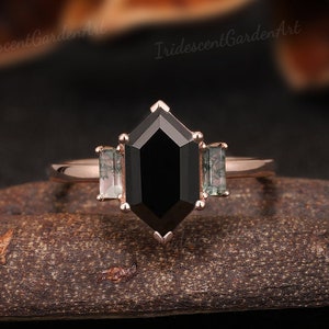 Unique Black Onyx Engagement Rings Vintage Rose Gold Black Gemstome Minimalist Baguette Moss Agate Wedding Ring handmake jewelry Women Gifts