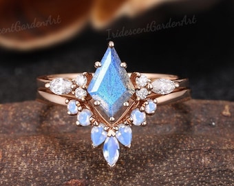 Art Deco Labradorite Wedding Ring Set Kite Labradorite Engagement