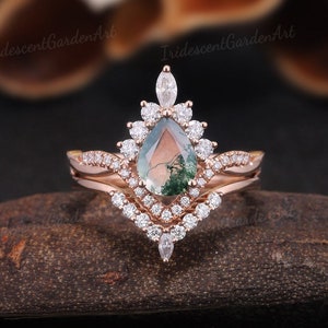 Unique Pear Cut Moss Agate Engagement Ring Set Art Deco 14k Rose Gold Moissanite Half Eternity Bridal Ring Moissanite Cluster Promise Ring