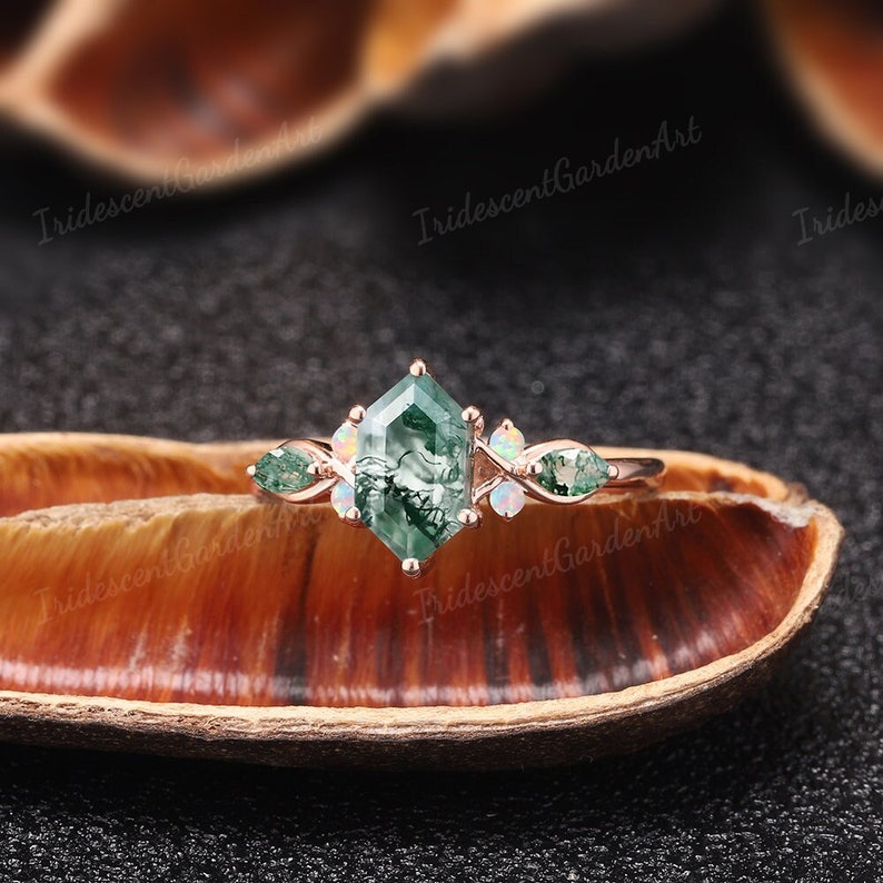 Vintage Moss Agate Opal Engagement Ring Unique Hexagon Rose Gold Wedding Rings for Women Promise Anniversary Gift for Her Handmade Jewelry image 3