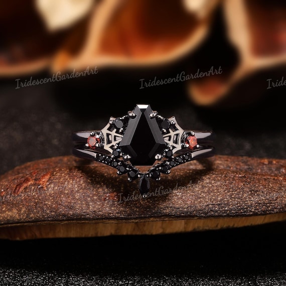 Coffin Shaped Black Onyx Gothic Engagement Ring Set Black Gold