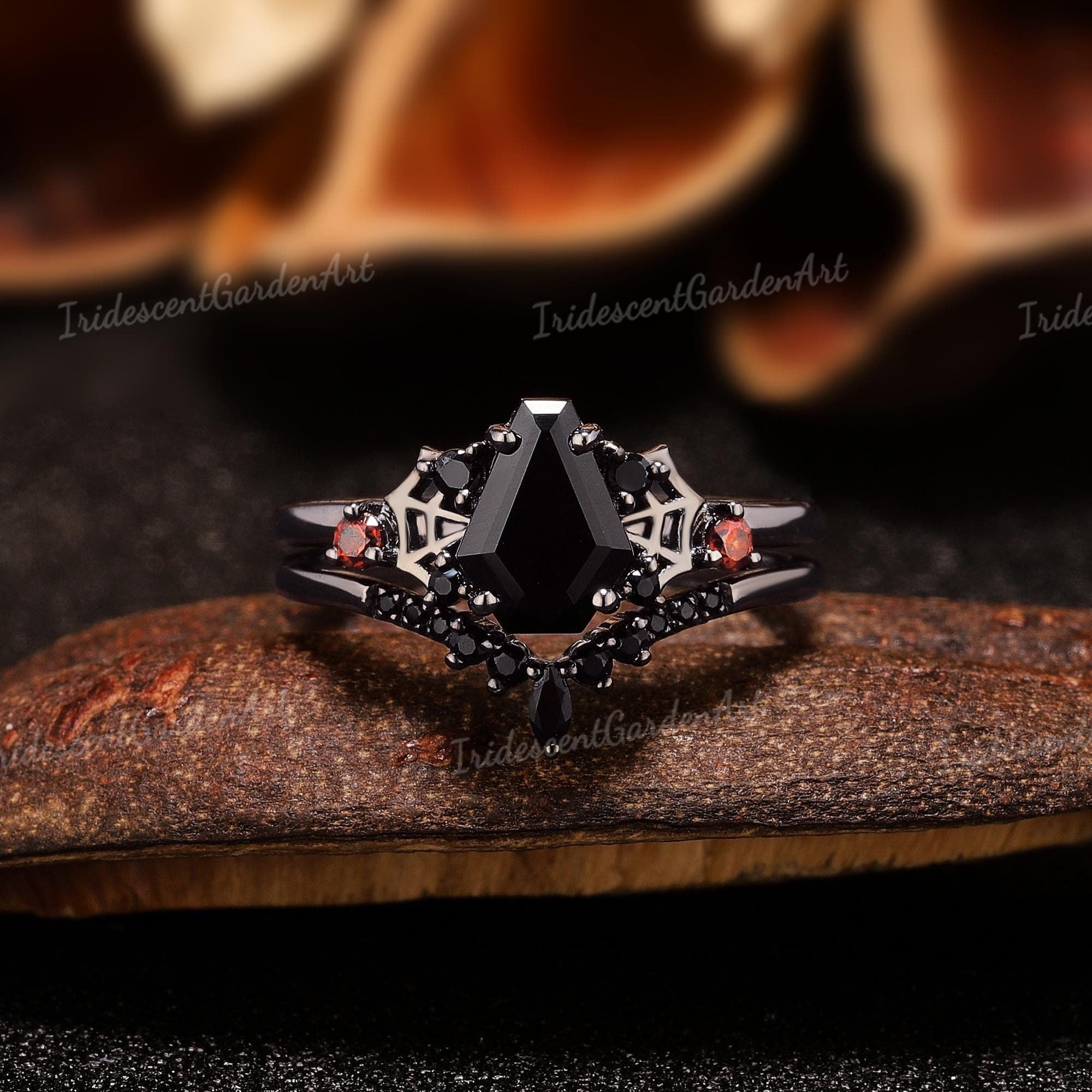 Coffin Shaped Black Onyx Gothic Engagement Ring Set Black Gold Rings for Women Garnet Black Onyx Wedding Ring Set Best Gifts for Her