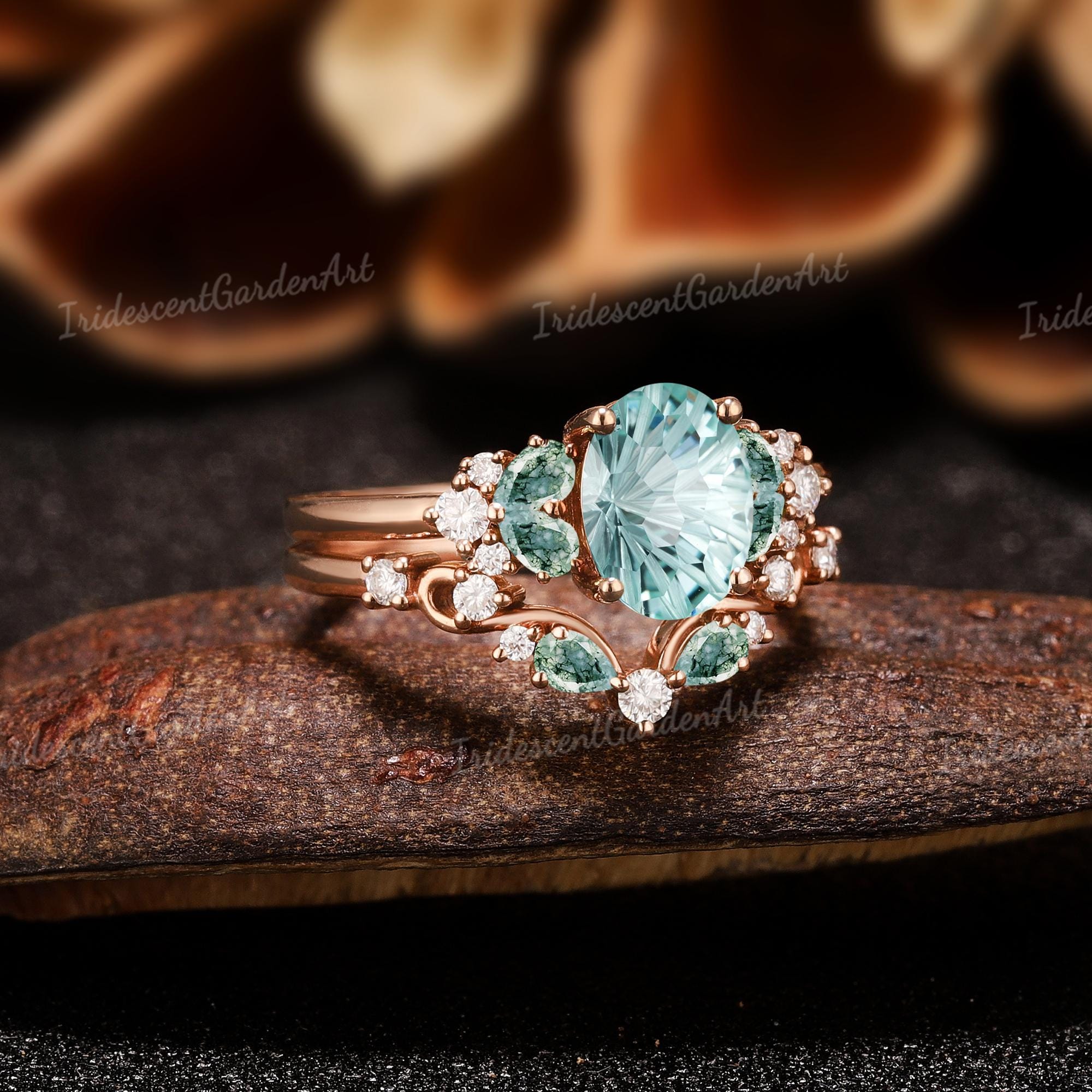 Fireworks Cut Green Sapphire Engagement Ring Set Dainty Moss Agate ...