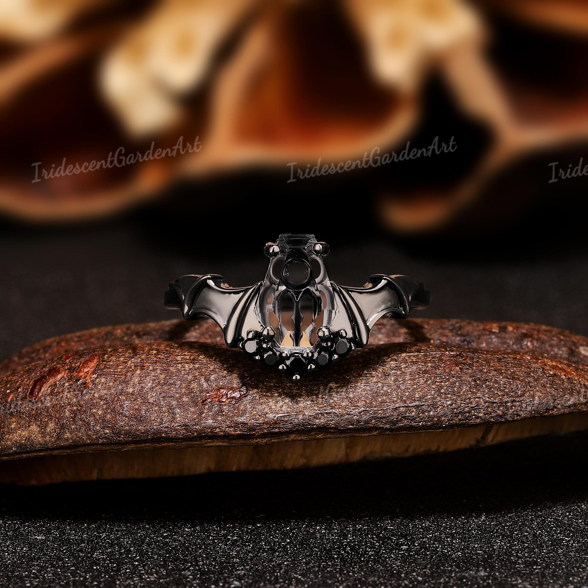 Bat Wings Ring Coffin Pixel Cut White Crystal Engagement Ring Gothic ...