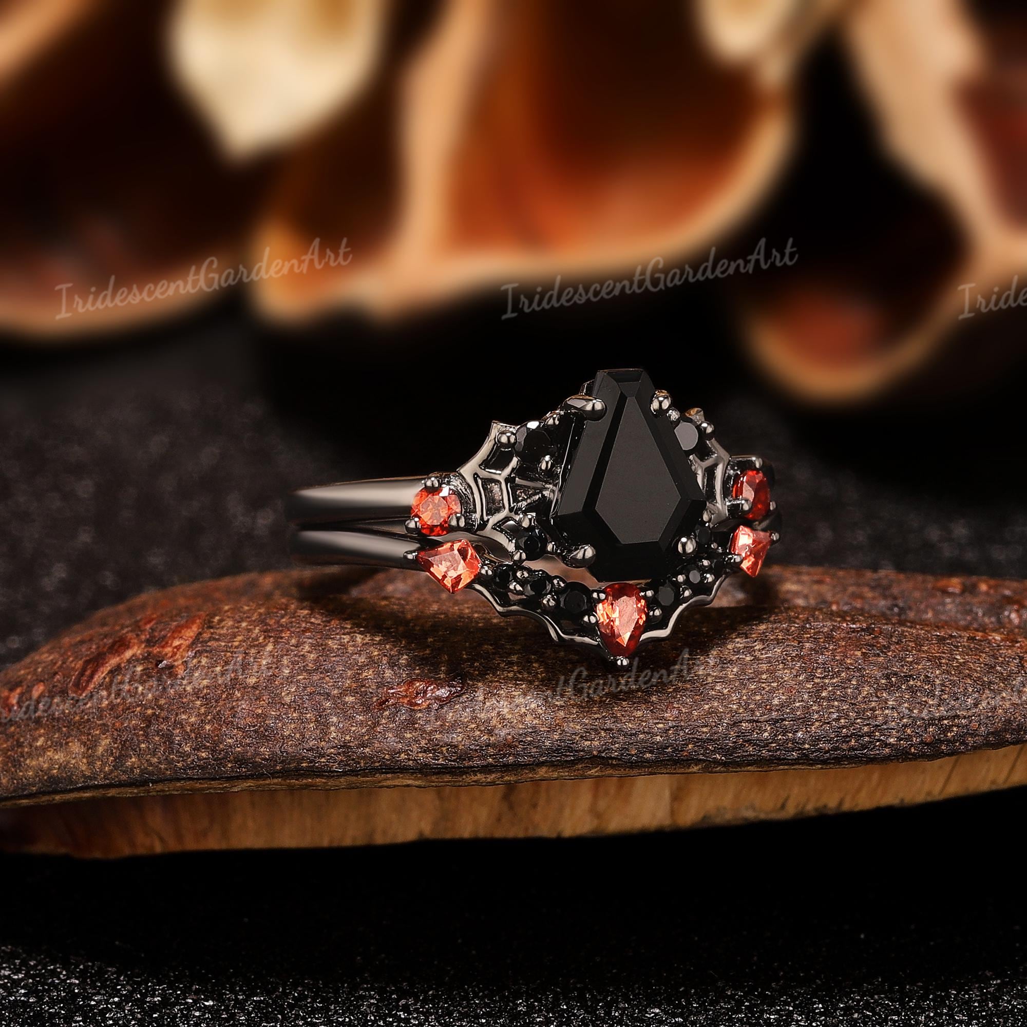 Spider Web Coffin Black Onyx Gothic Engagement Ring Set Black Gold