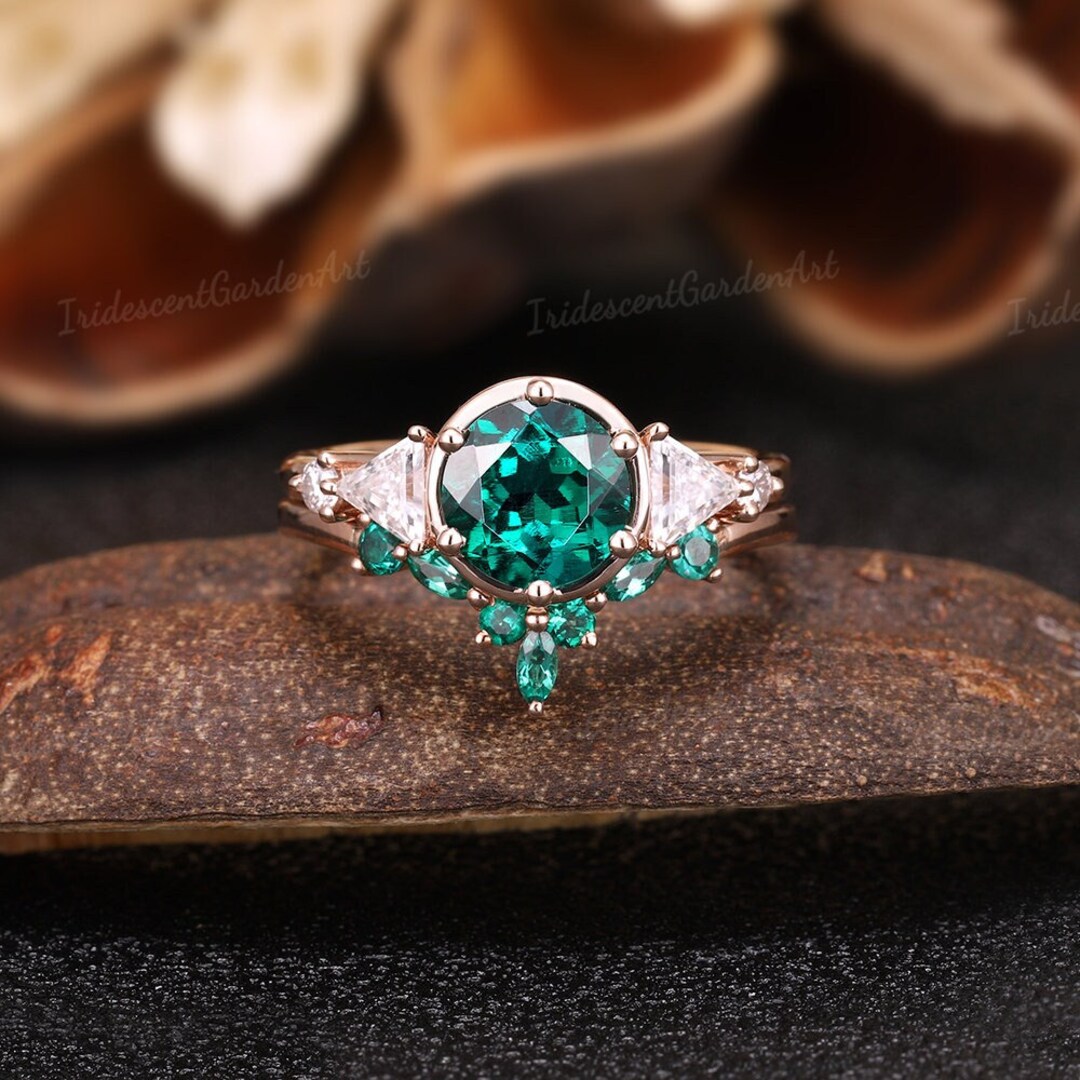 Art Deco Emerald Engagement Ring Set Unique Moissanite Cluster - Etsy