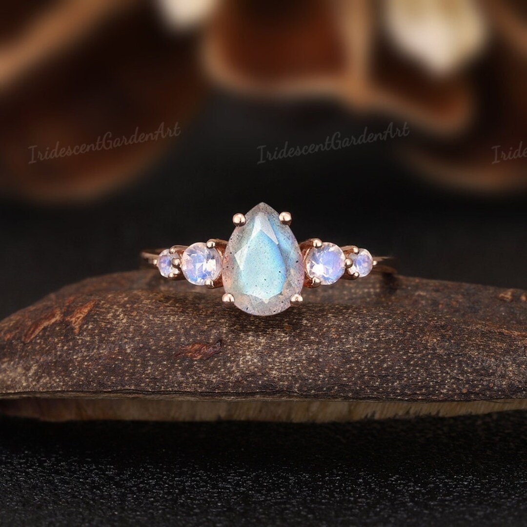 Art Deco Pear Shaped Labradorite Engagement Rings Vintage