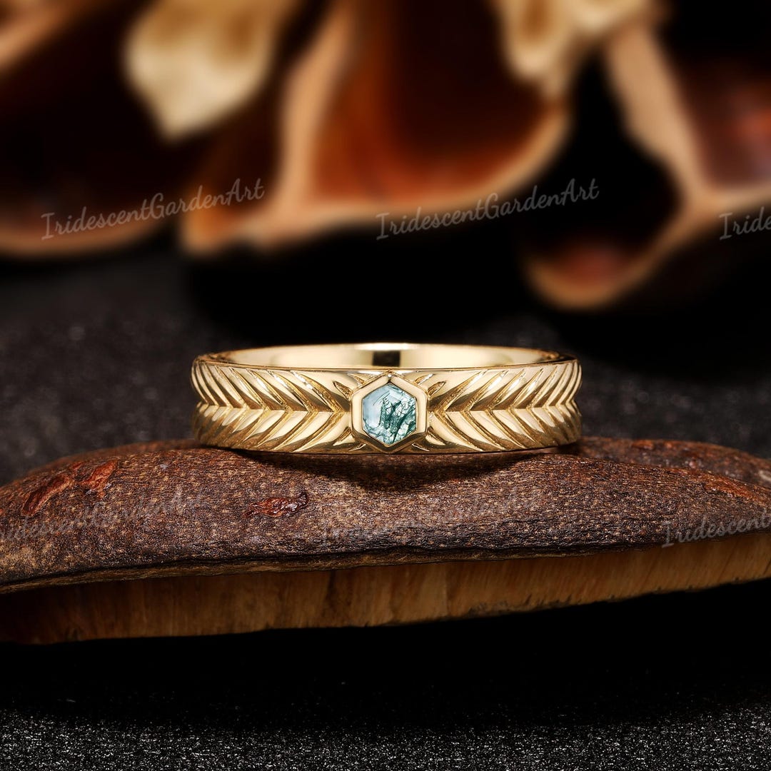 Mens Stackable Rings Hexagon Moss Agate Mens Ring Mens Wedding Band Solid Gold Couple Rings ...