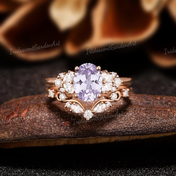 Lavender Sapphire Engagement Ring Set Rose Gold Moissanite Wedding