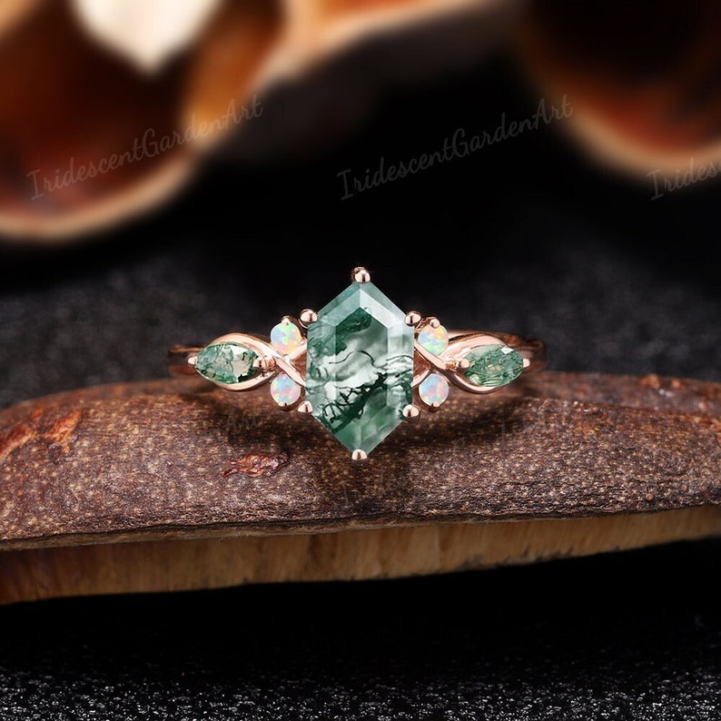 moss agate engagement ring