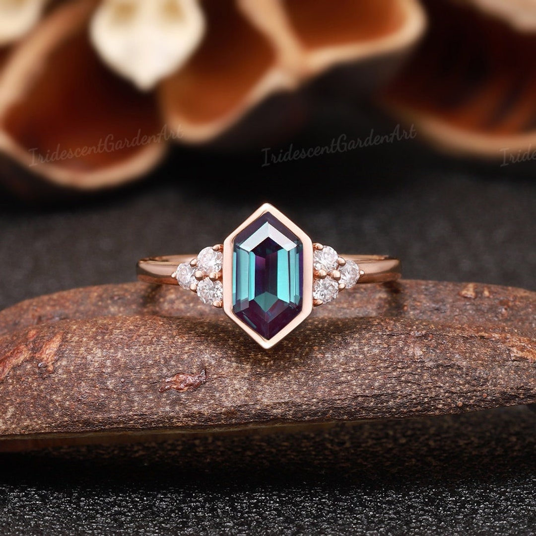 Vintage Alexandrite Engagement Ring Art Deco Moissanite Cluster Promise ...