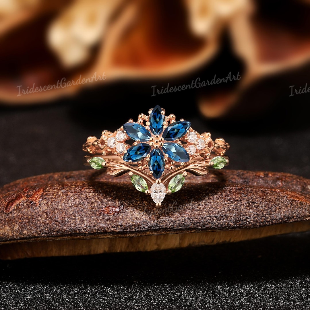 London Blue Topaz Flower Ring Nature Inspired Leaf Floral Ring Set ...