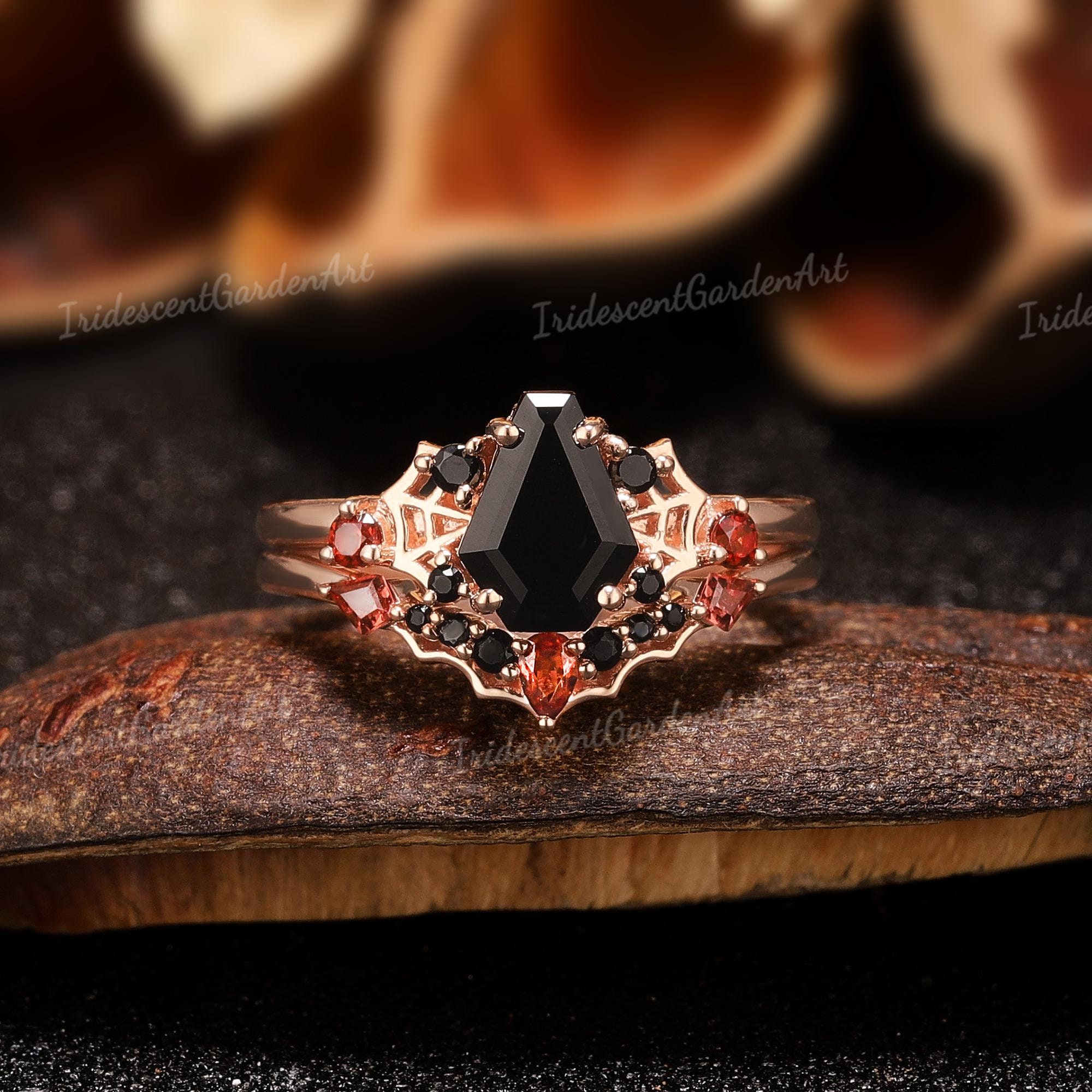 Spider Web Coffin Black Onyx Gothic Engagement Ring Set Solid Gold Bat Garnet Wedding Ring Set Unique Best Gifts for Her Witchy Jewelry