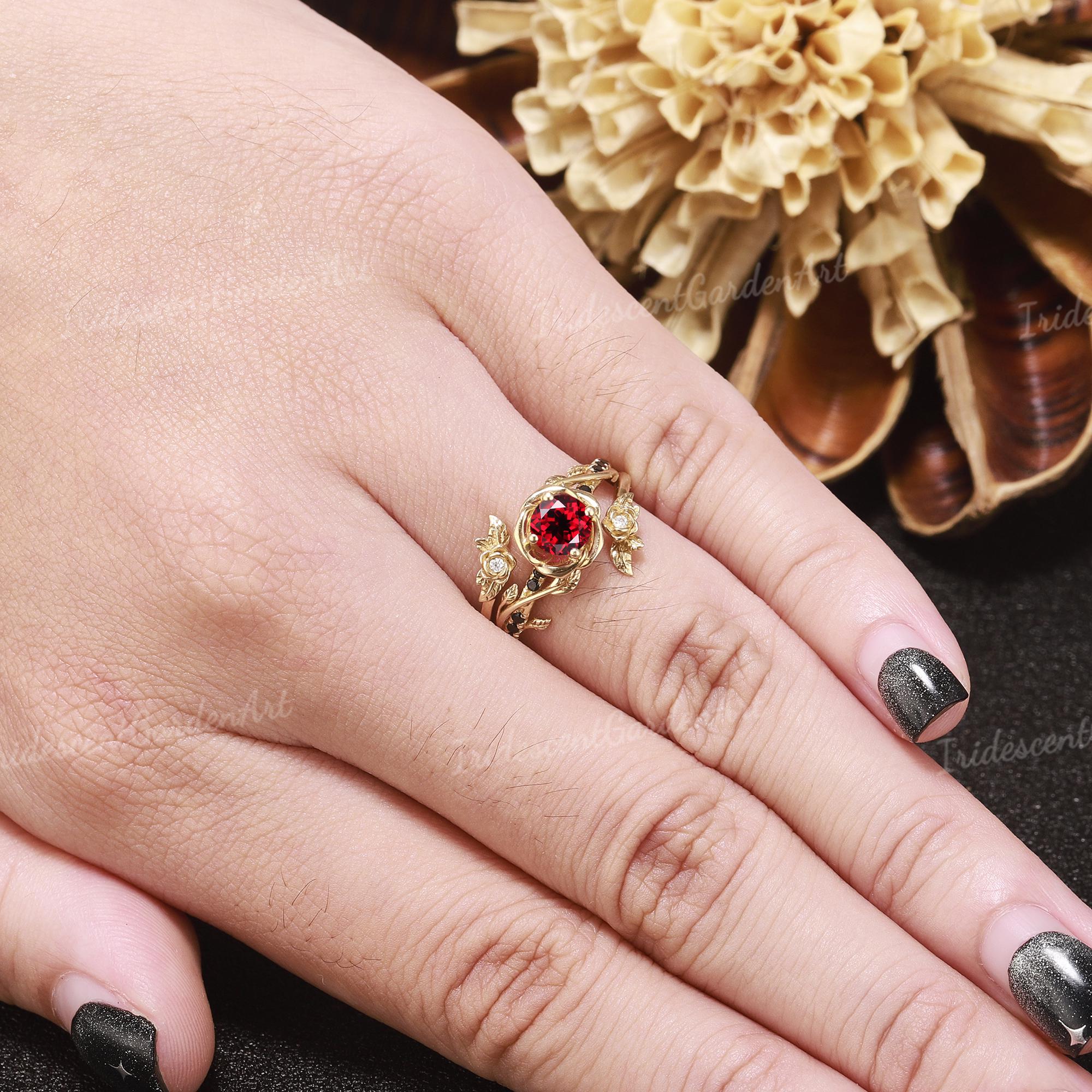 Rose Flower Red Ruby Engagement Ring Set Solid Gold Black Onyx Wedding ...