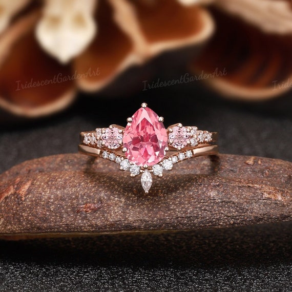 Dainty Pink Sapphire Engagement Ring Set Rose Gold Moissanite