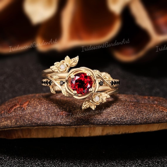 Rose Flower Red Ruby Engagement Ring Set Solid Gold Black Onyx