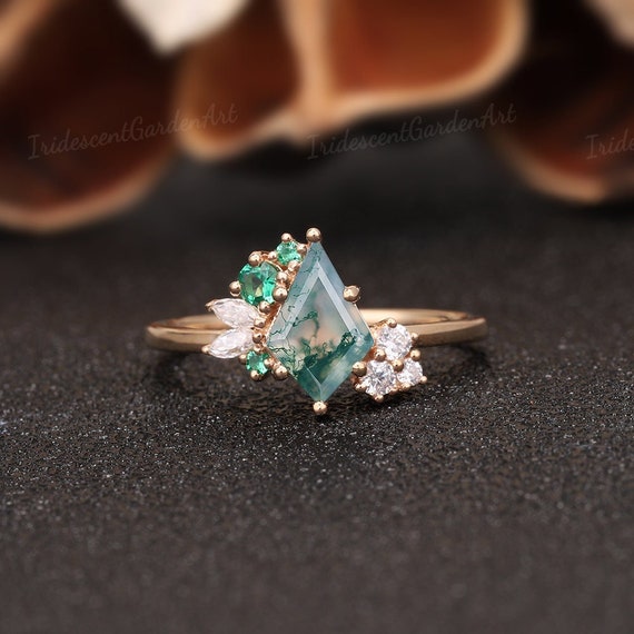 Vintage Kite Moss Agate Engagement Ring Unique Emerald Floral | Etsy