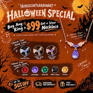 May include: A promotional graphic for IridescentGardenArt featuring a bat-wing necklace with a pear-shaped purple stone. The image displays options for metal colors including sterling silver, yellow gold, and rose gold, plus five stone choices.