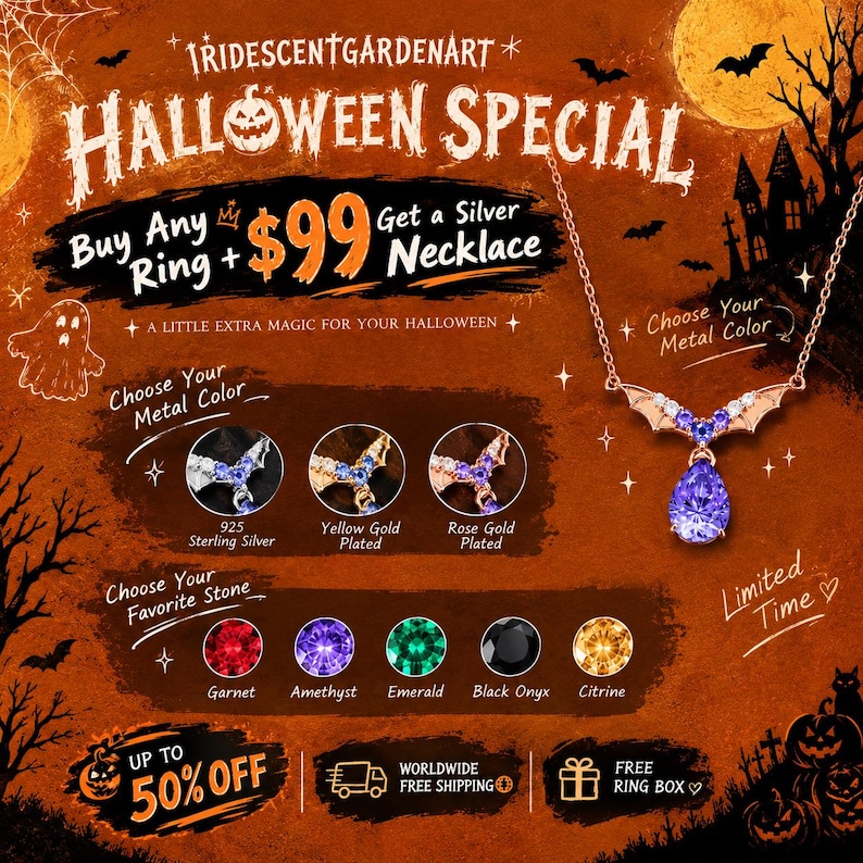 May include: A promotional graphic for IridescentGardenArt featuring a bat-wing necklace with a pear-shaped purple stone. The image displays options for metal colors including sterling silver, yellow gold, and rose gold, plus five stone choices.