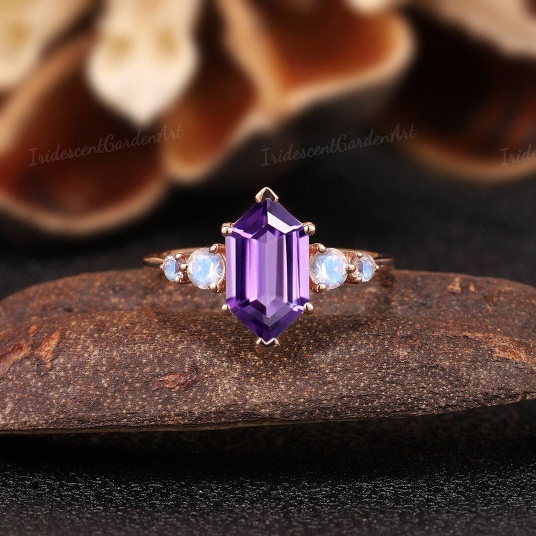 Vintage Amethyst Engagement Rings Elongated Hexagon Wedding Ring