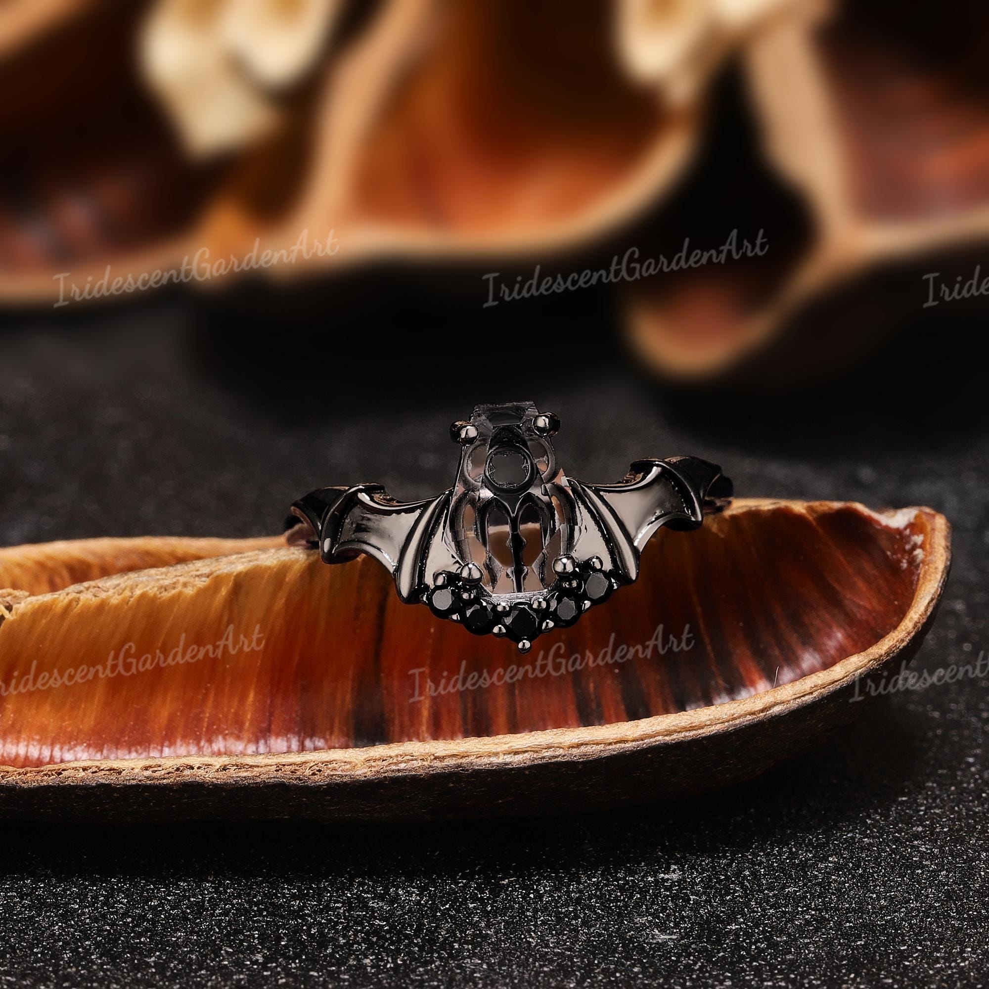 Bat Wings Ring Coffin Pixel Cut White Crystal Engagement Ring Gothic ...
