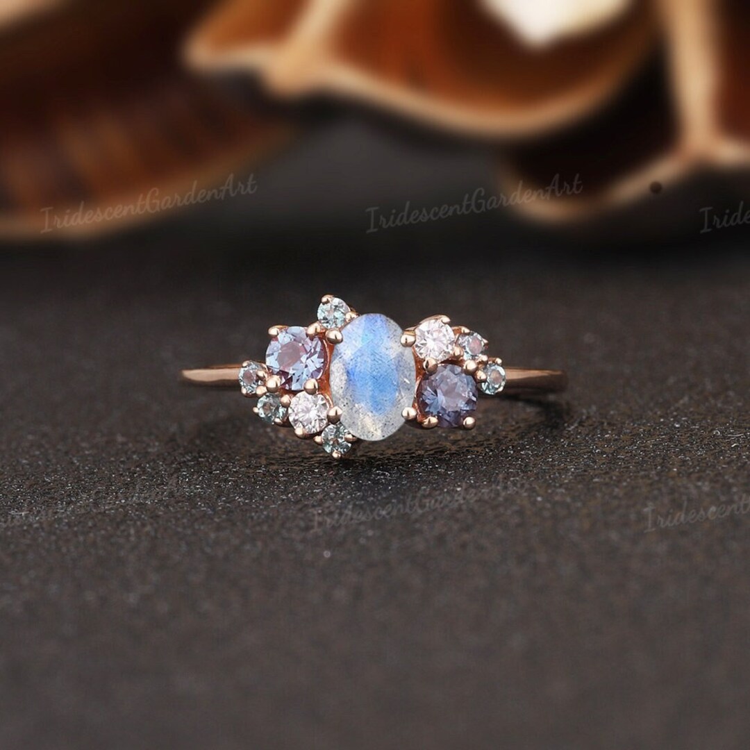 Labrine Engagement Rings Art Deco Labradorite Engagement Ring Unique Alexandrite Promise Ring ...