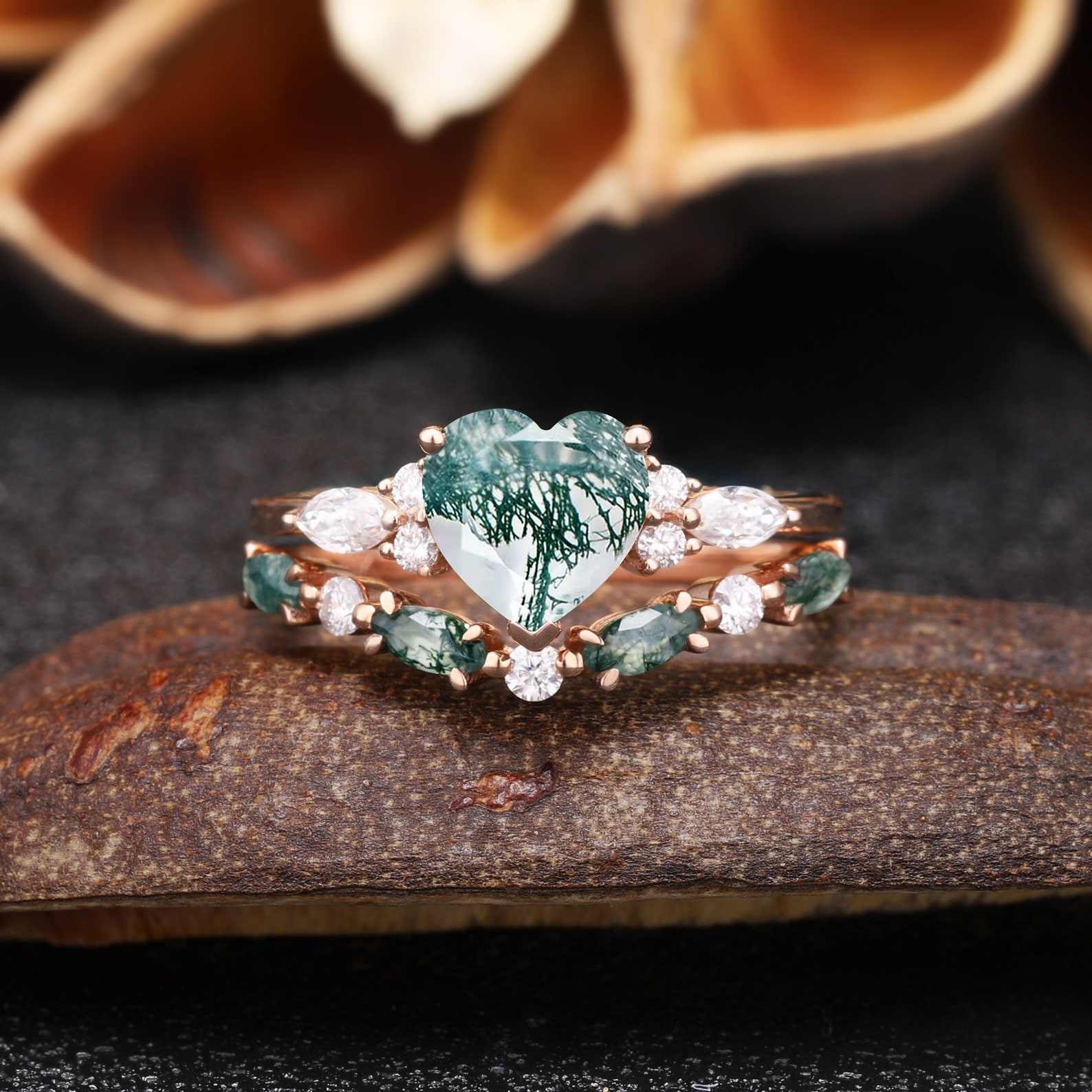 Unique Heart Cut Moss Agate Engagement Rings Natural Moss Agate ...